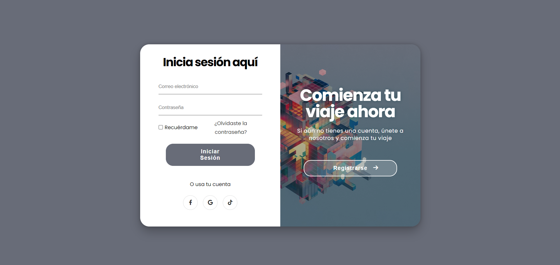 Animated home and registration login form