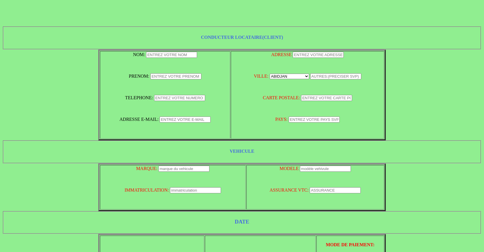 FORMULAIRE DE LOCATION DE VOITURE