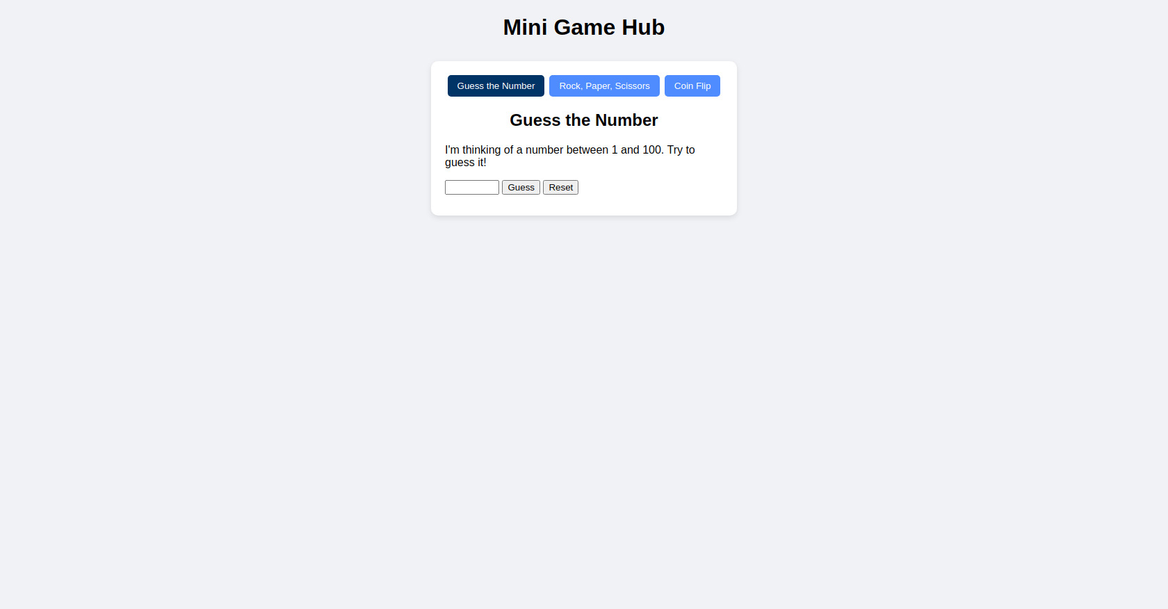 Mini Game Hub: Guess, RPS, Coin Flip JavaScript