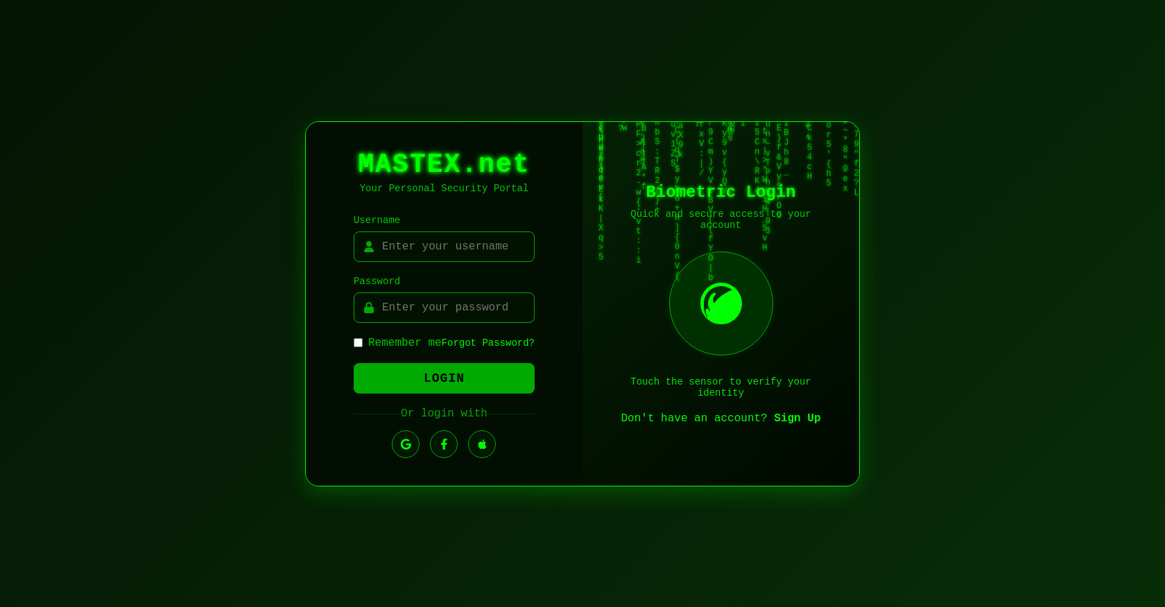 Login Page HTML: Matrix Theme with Fingerprint Auth