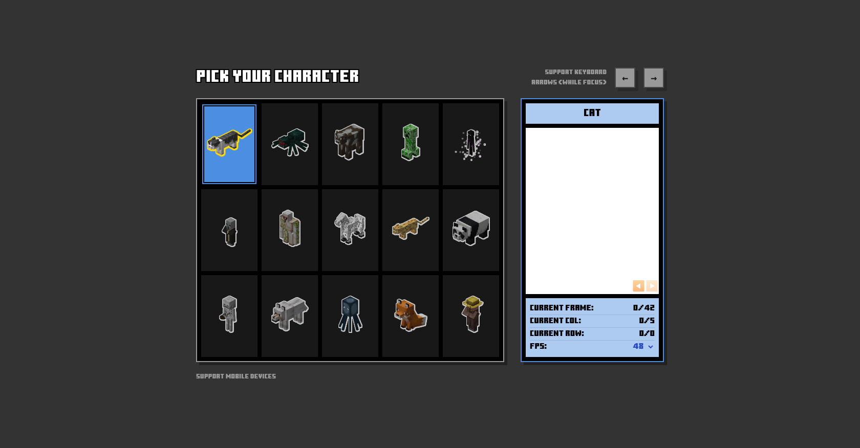 Character choose with preview card animation (CSS sprites)