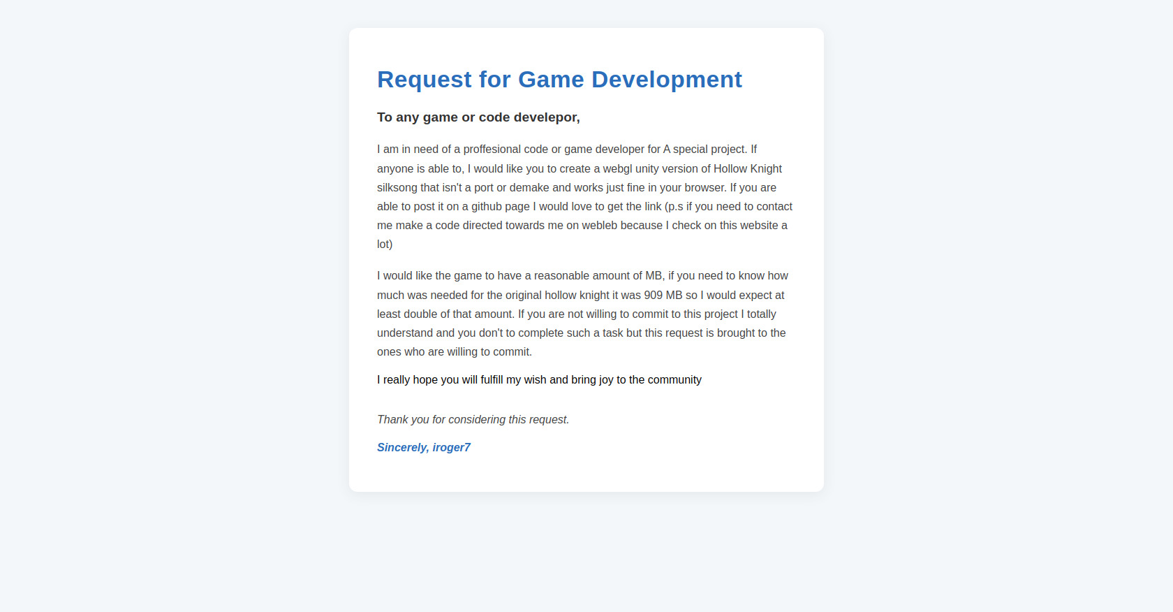 Game Developer Request: Hollow Knight Silksong WebGL